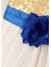Gold Sequin Ivory Tulle With Royal Blue Flower Sash Knee Length Flower Girl Dress